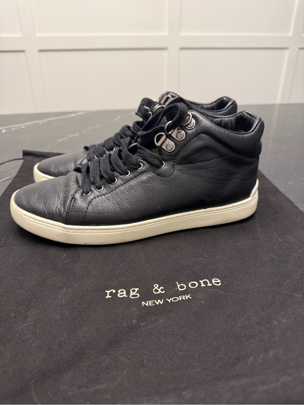 rag & bone Black Leather High-Top Sneakers with White Sole